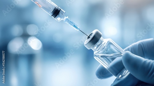 The vaccine vial being prepared for injection with a syringe in a medical setting.