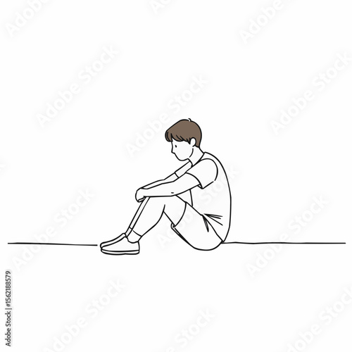Young boy sitting alone with a sad expression in a simple line drawing  