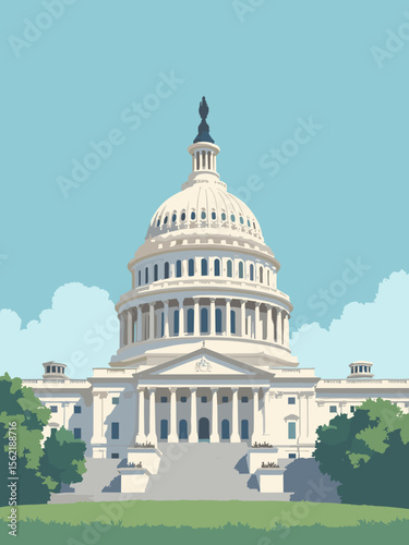 US Capitol dome rising above Washington, DC in dome white, marble gray columns, sky blue background, and lawn green foreground