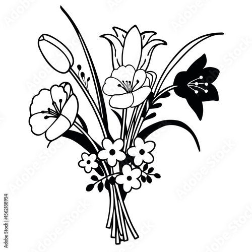 Floral Bouquet Vector Illustration Black and White Flower Design