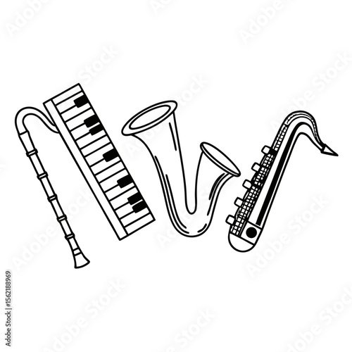 Musical Instruments Vector Outline Clarinet Saxophone and Piano