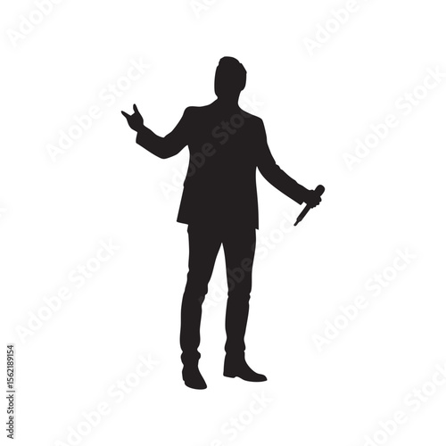 Man in suit holding microphone performing on stage silhouette isolated on white background
