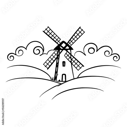 Windmill Illustration Vector Farm Landscape Black Line Art