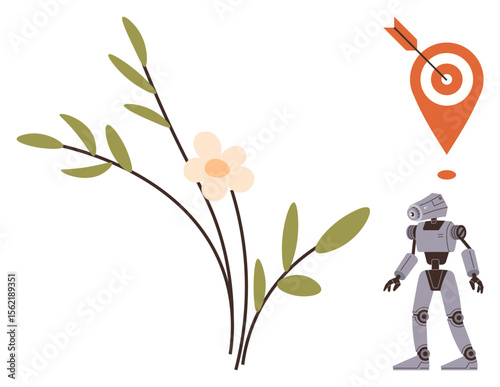 Robot beside floral branches with a target and arrow above, conveying harmony of technology and nature. Ideal for innovation, sustainability, balance, goals, AI, ecology, progress simple flat