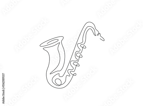 Saxophone music instrument in single outline illustration. Continuous line art drawing of saxophone.