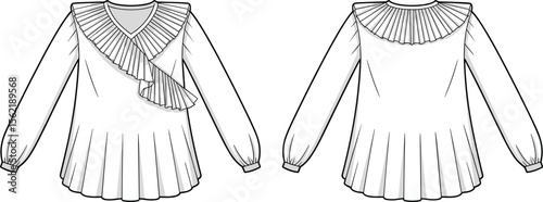 Long sleeve pleated ruffle blouse with asymmetric front detail and loose fit, technical flat fashion sketch, CAD vector illustration