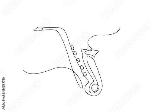 Saxophone music instrument in single outline illustration. Continuous line art drawing of saxophone.