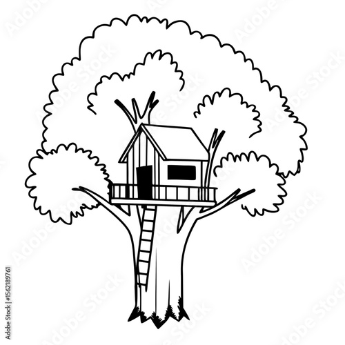 Treehouse Vector Illustration Tree House Design Line Art