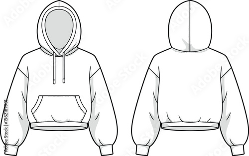 Cropped hoodie with front kangaroo pocket and drawstring hood, long sleeve fashion flat sketch, CAD vector illustration template