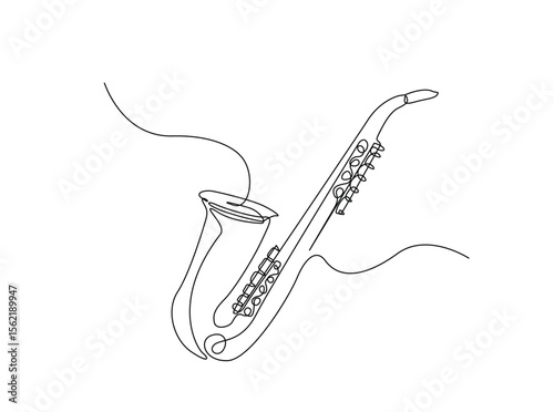 Saxophone music instrument in single outline illustration. Continuous line art drawing of saxophone.