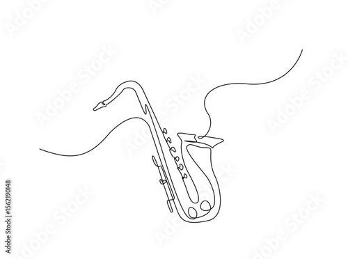 Saxophone music instrument in single outline illustration. Continuous line art drawing of saxophone.