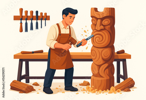 Dedicated craftsman skillfully carves intricate details into a wooden totem pole, showcasing traditional woodworking techniques and artistry at his workshop.