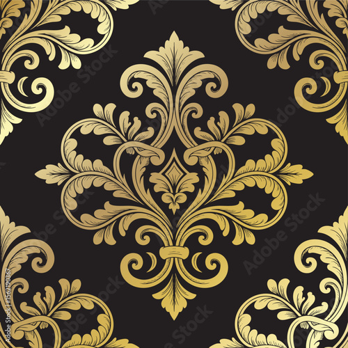 Opulent Gold Damask Pattern with Intricate Floral Motifs and Seamless Repeat for Luxurious Interior Decor and High-End Textile Design Applications