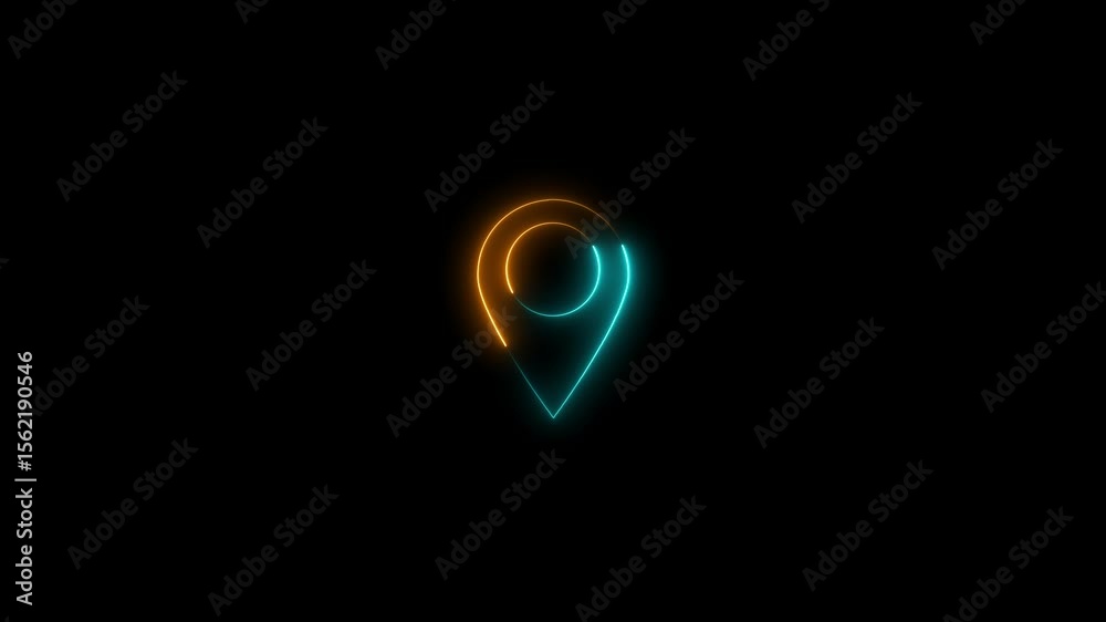 Neon location map pin, gps icon animated on a white background.