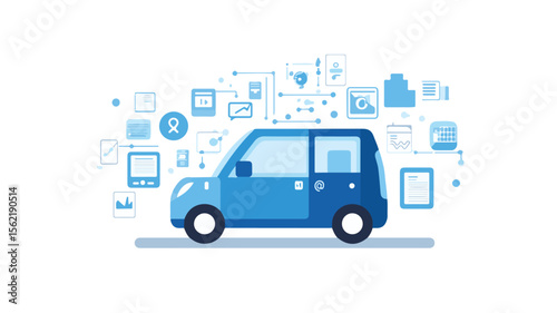 Smart self-driving car transfer of information about its condition: location, Social media, amount of fuel, temperature conditions in the car, automated car, autonomous vehicle,  driverless car.