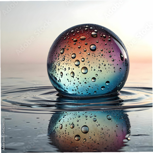 Wet sphere on reflective water abstract beauty gen