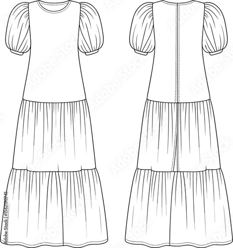 Puff sleeve tiered dress technical sketch, front and back view, women’s wear, flat fashion cad, vector line drawing illustration