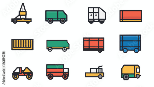 Large truck icon set. Big cargo truck lorry delivery transportation icon, vector industry trailer modern graphic illustration set minimal design set, shipping cars and taxi van vector design.
