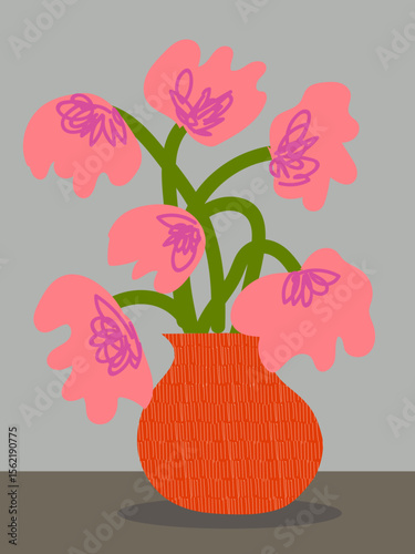 Aesthetic flowers on vase hand drawn vector illustration. Flowers and plants art print, cover, cards, poster and home decor design.