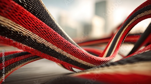 Abstract red and black interwoven strands, urban backdrop