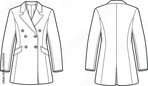 Double-breasted women's long coat fashion flat sketch, front and back view, technical drawing, winter outerwear, vector style, apparel cad illustration