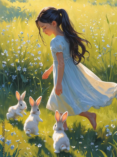 A beautiful dark hair caucasian girl in the field with three cute bunnies