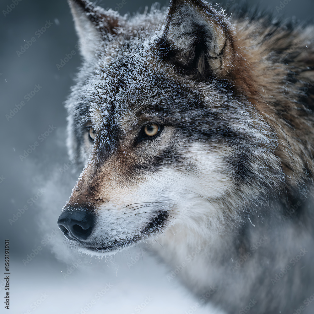 Obraz premium Close-up of a wolf’s face covered in snow, showing sharp eyes and fur texture. Captures raw wilderness and survival spirit in winter.