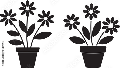 Potted Flower Silhouette Vector Graphics: Simple Floral Designs in Pots for Home Decor and Creative Projects on a Transparent Background, Easy to Use