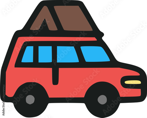 Flat colorful travel car with rooftop luggage  
