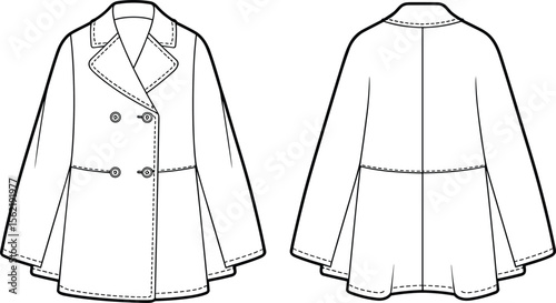 Double breasted flared sleeve coat technical fashion drawing, front and back view, flat sketch, lapel collar, button detail, vector illustration