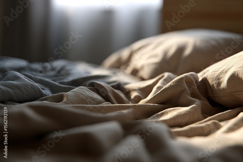 Soft morning light illuminates rumpled bed linens in a cozy bedroom, creating a serene and inviting atmosphere