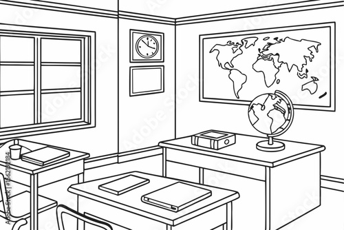 Line art coloring page of a classroom with a map of the world on the wall and a globe on the teacher's desk