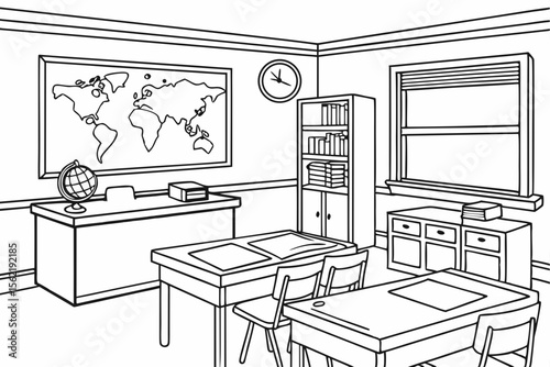 Line art coloring page of a classroom with a map of the world on the wall and a globe on the teacher's desk