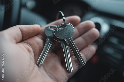 Hand holding a set of silver keys inside a car, suggesting a recent arrival or departure from a location