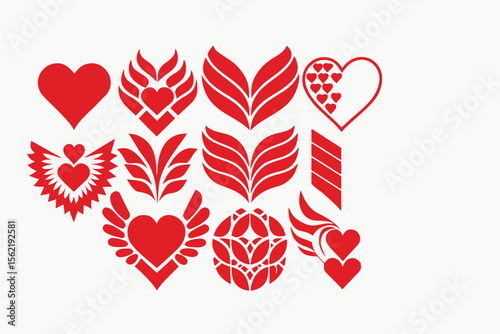 Collection of red heart shapes and floral elements silhouette isolated on white background