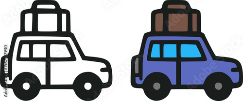 Modern travel SUV outline and filled icons featuring rooftop luggage 
