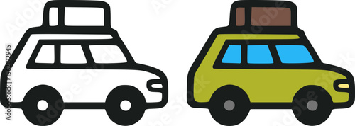 Modern travel SUV outline and filled icons featuring rooftop luggage 
