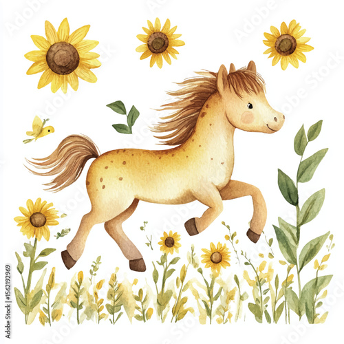 Playful Palomino Pony Galloping Through Sunflower Meadow