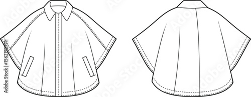 Front and back view technical drawing of cape jacket, short sleeve coat, collar detail, pocket, curved hem, vector fashion sketch