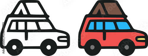 Modern travel SUV outline and filled icons featuring rooftop luggage 
