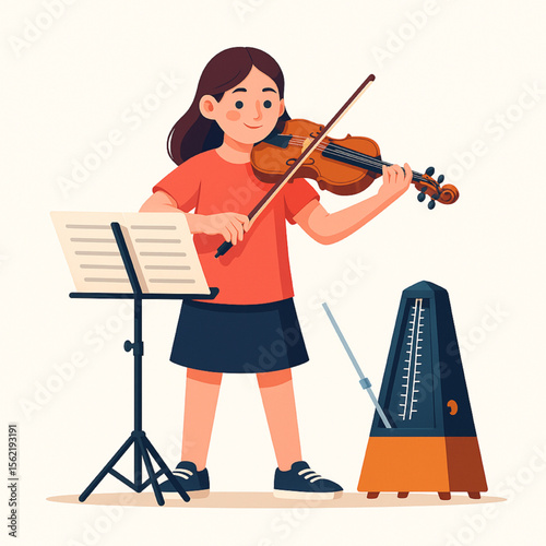 Animated girl plays violin with music stand and metronome, perfect for music education, kids' activities, or creative artistic expression.