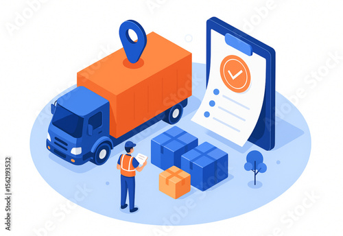 Efficient delivery service represented with a truck, packages, and a checklist, showing successful order fulfillment and logistics management.