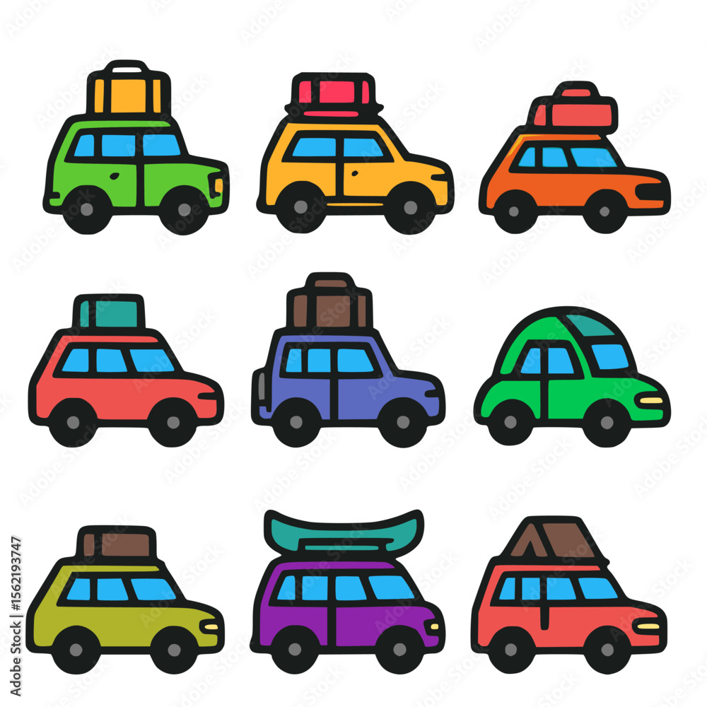 Naklejka premium Flat colorful travel car icons with rooftop luggage 