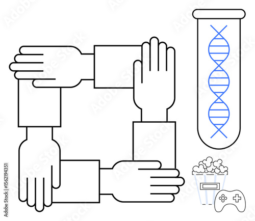 Interlocked hands forming a square, DNA in a test tube, popcorn, and a game controller. Ideal for teamwork, genetics, entertainment, research biotechnology innovation unity. Simple flat metaphor
