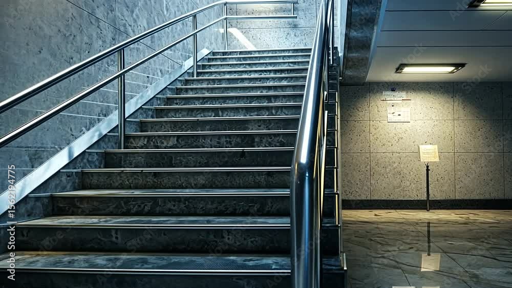 Modern interior staircase in a public building with sleek metal railings and polished floors