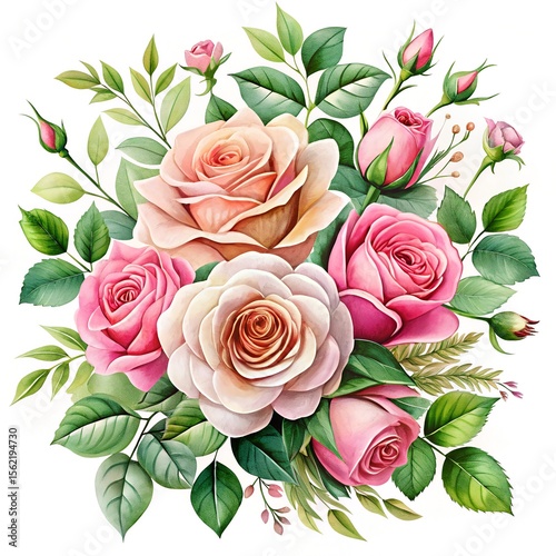 Pink Rose Flowers and Greenery Clipart on White Background