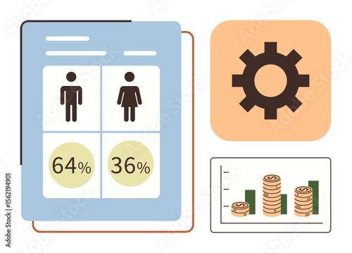 Gender-based data comparison chart with percentages, cogwheel for process representation, and coin bar chart reflecting financial growth. Ideal for data analysis, reports, demography, strategy