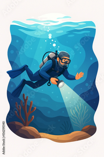 A scuba diver explores the underwater world with a flashlight, surrounded by aquatic plants and a beautiful blue ocean scene.