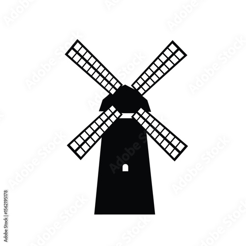 Old Dutch windmill silhouette vector illustration on a black background, depicting traditional rural farm architecture powered by wind
