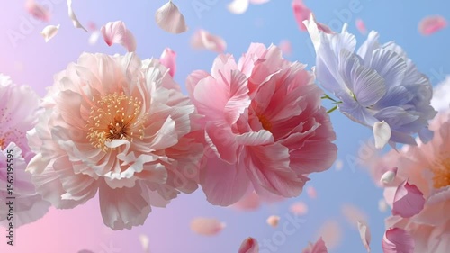 Floating cherry blossom petals surrounding blooming flowers with soft blue spring sky in gentle background